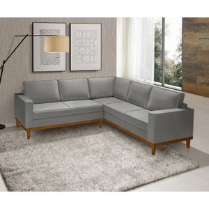 Sofá de Canto Living 5 Lug. Toronto com Base Retro Madeira de Reflorestamento - Veludo Cinza