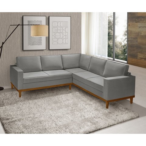 Sofá de Canto Living 5 Lug. Toronto com Base Retro Madeira de Reflorestamento - Veludo Cinza