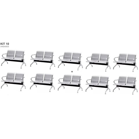 Kit com 10 Cadeiras Longarina Aeroporto Cromada 2 Lugares