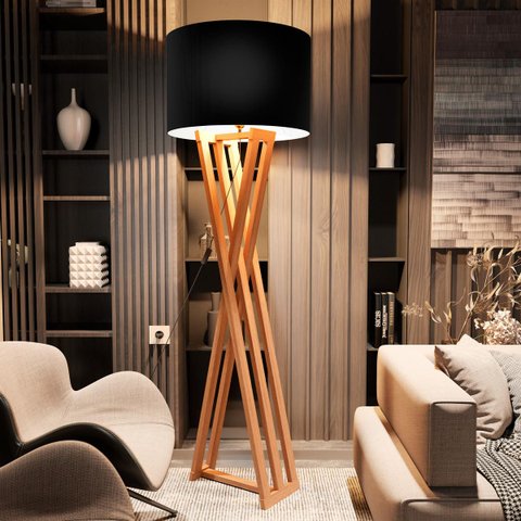 Luminária de Chão Abajur com Cúpula e Pés de Madeira Star - Preto