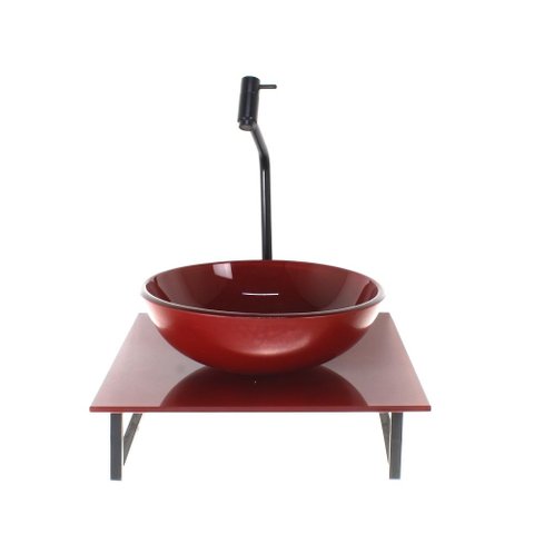 Gabinete de Vidro com Cuba Redonda com Tampo de Vidro 40cm X 40cm Vermelho Cereja Full