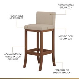 Kit 2 Banquetas Média Encosto Estofado 38x90Cm Ilha Espanha Madeira Maciça Castanho Suede Bege CCS - 3