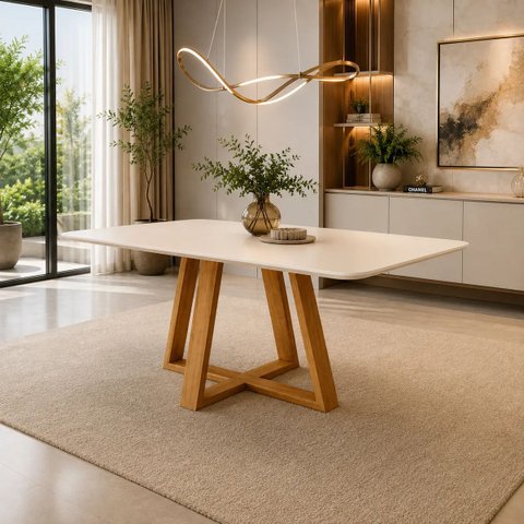 Mesa de Jantar 160 cm Madeira Maciça MDF Vidro Off White Bege Marrom-Claro