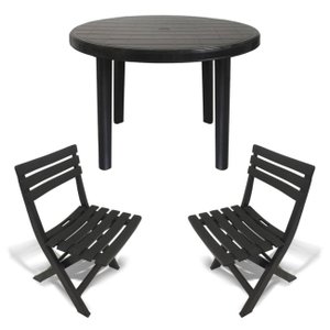 Mesa Redonda Plástico Desmontável 94cm Preta + 2 Cadeiras Dobráveis