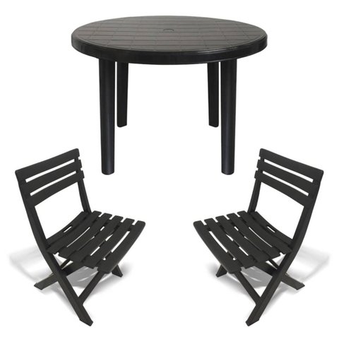 Mesa Redonda Plástico Desmontável 94cm Preta + 2 Cadeiras Dobráveis