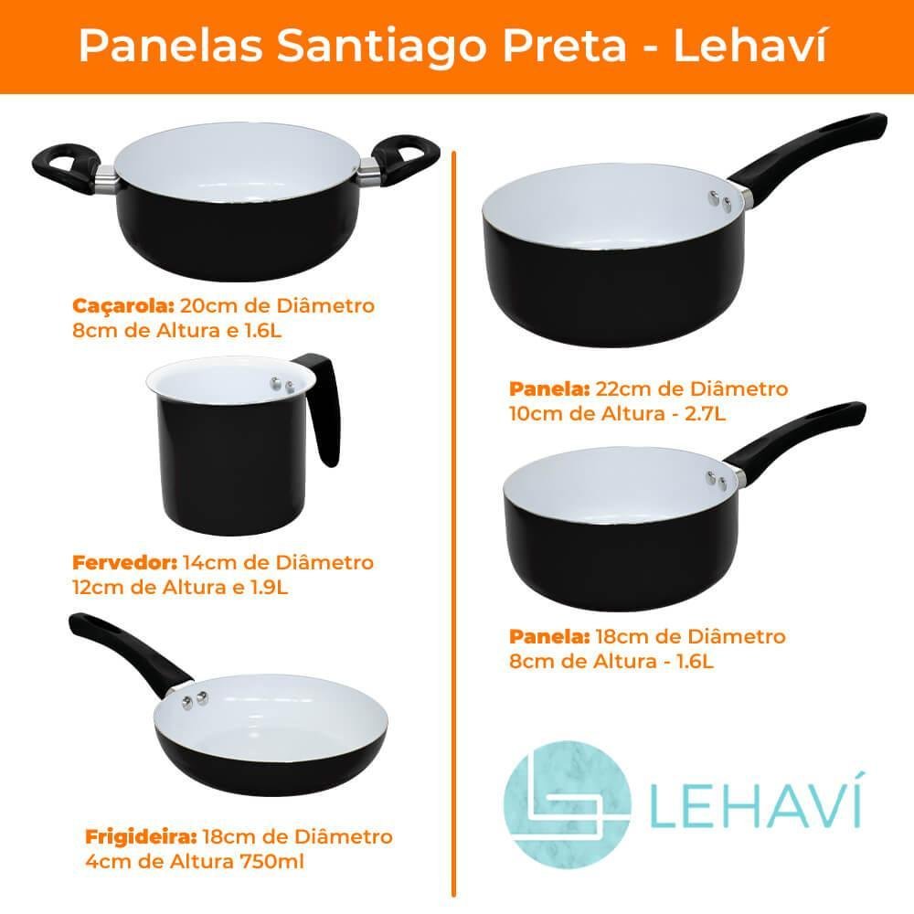 Jogo de Panelas Antiaderente Revestimento Cerâmica 6 Peças Santiago Preto - Lehaví A1004.c01 - 6