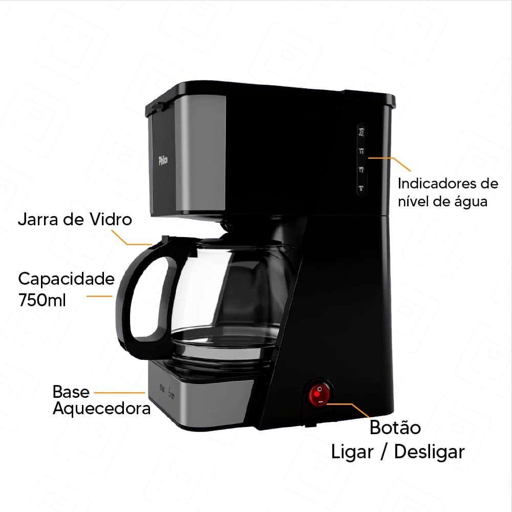 Cafeteira Philco Pcf20a Jarra de Vidro 720ml 20 Cafes 650w-preto - 220v - 4