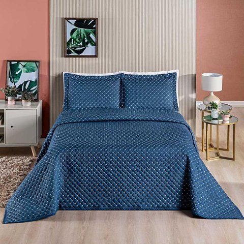 Kit Cobre Leito Espanha Casal Padrão 03 Peças 200 Fios Matelado White Line - Azul Marinho