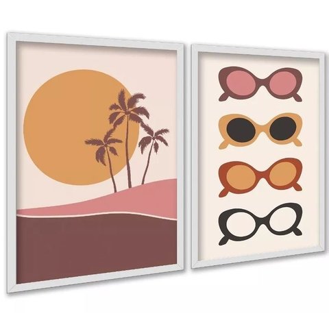 Kit 2 Quadros Óculos de Sol - Praia 45x34cm - com Vidro:moldura Branca
