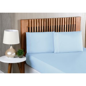 Jogo de Lençol Queen Size 3 Peças 100% Algodão Percal 200 Fios com Acabamento em Ponto Palito Azul