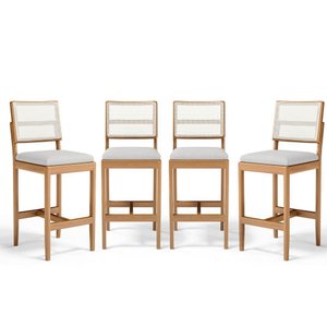 Kit com 4 Banquetas Milena Madeira Maciça Assento Estofado Encosto de Tela Sintética Linho Cinza 407