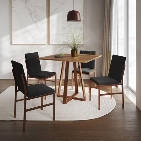 Conjunto de Jantar Mesa Mônaco 90cm Tampo Imbuia com 4 Cadeiras Pretas Base Cobre Preto