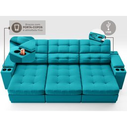 Sofá com Porta Copos e Carregador USB Eureka 2,30m Assento Retrátil e Reclinável Velosuede - 5