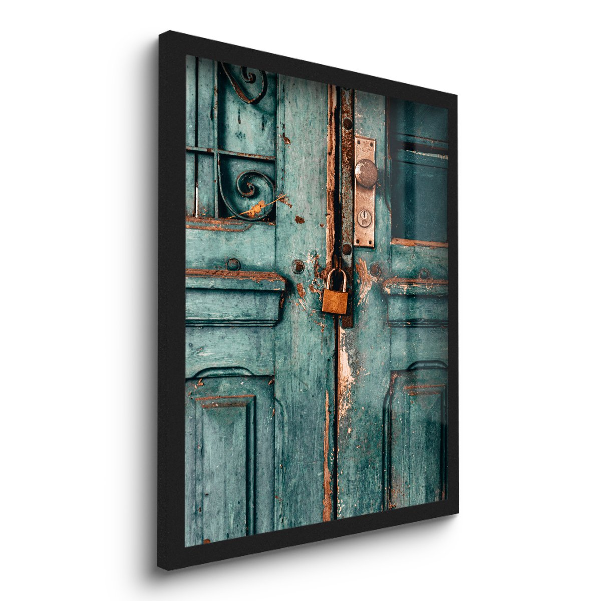 Quadro Decorativo Porta Azul Fechada Cadeado 45x33 C/vidro