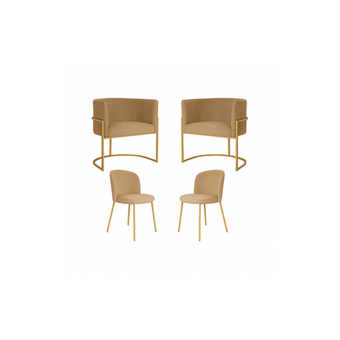 Kit 2poltronas Decorativa Luana Base Gold e 2 Cadeiras Elegance Veludo Cappucino- Montanaris Decor