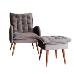 Poltrona Tasca com Puff Pillow Estofado Pé de Madeira Veludo:cinza Claro - 1