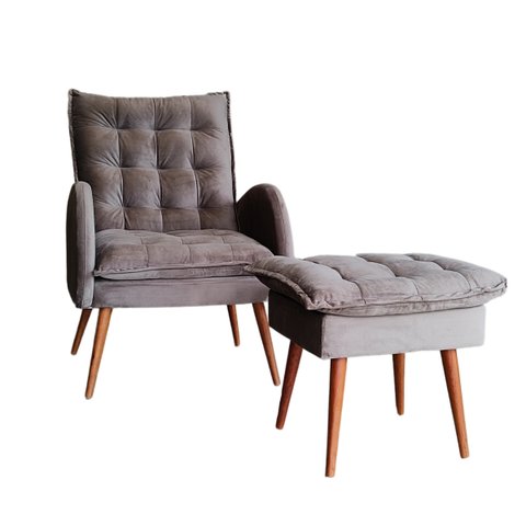 Poltrona Tasca com Puff Pillow Estofado Pé de Madeira Veludo:cinza Claro