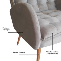 Poltrona Tasca com Puff Pillow Estofado Pé de Madeira Veludo:cinza Claro - 5