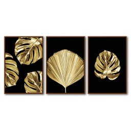 Quadro Premium Textura CXAlta Folha Ouro em Preto2 3un 40x60 - Moldura Ocre - 2 Quadro Premium Textura CXAlta Folha Ouro em Preto2 3un 40x60 - Moldura Ocre - 2