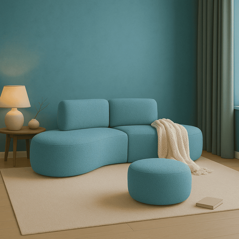 Sofá Orgânico e Puff Módulo Curvo Savana Boucle Azul Turquesa - Montanari's Decor