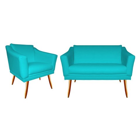 Kit Namoradeira + 1 Poltrona Decorativa Agatha Suede Azul Tifany Pés Madeira Mz Decor