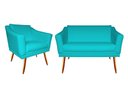 Ver imagem 1 de Kit Namoradeira + 1 Poltrona Decorativa Agatha Suede Azul Tifany Pés Madeira Mz Decor
