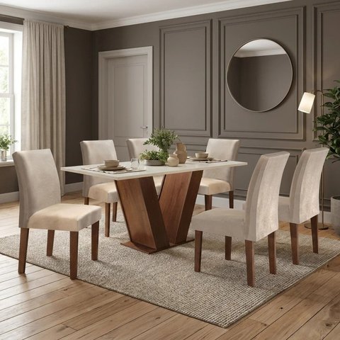 Conjunto Mesa de Jantar com 6 Cadeiras 100% MDF Casuá Chocolate/Off White/Suede Bege Espanha