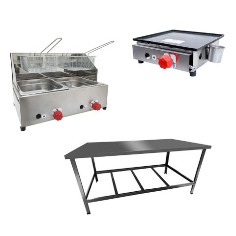 Kit Lanchonete Mesa de Manipulação 120x55cm + Fritadeira a Gás 2 Cuba + Chapa a Gás 30cm