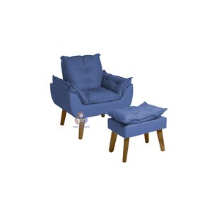 Poltrona Decorativa Opala e Puff Opala Suede Azul Marinho Smf Decor