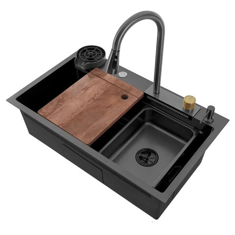 Cuba Cascata Cozinha Premium Pia Luxo Torneira Lavador de Copos Dispenser Dosador Aço Inox Bancada G