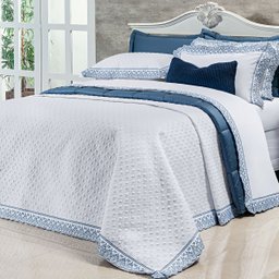Cobre Leito Tamanho King Size Branco / Azul 400 Fios Egípcio 100% Algodão 3 Peças - 1