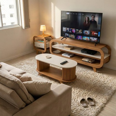 Sala de Estar Theo - 1 Rack Tv 55" - 1 Mesa Centro - 1 Mesa de Apoio com Usb Cinamomo/off White