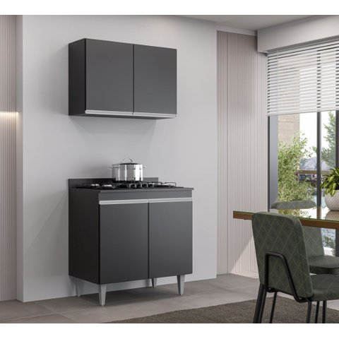 Kit Balcão Cooktop e Armário Aéreo Ellen 4 Portas Preto Maderatto Móveis