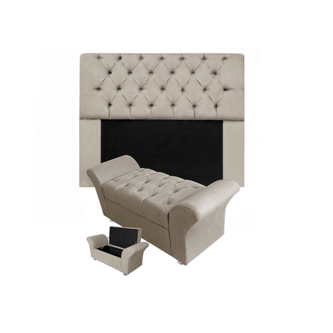 Jogo Cabeceira Mirage e Calçadeira Baú Veneza Casal 140 cm Suede Bege