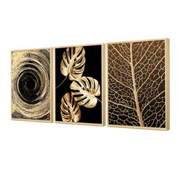 Kit 3 Quadros Decoração Abstrato Sala de Jantar Moldura Caixa Luxo Folhas Douradas Moderno - 2