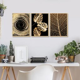 Kit 3 Quadros Decoração Abstrato Sala de Jantar Moldura Caixa Luxo Folhas Douradas Moderno - 4