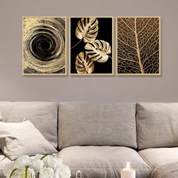 Kit 3 Quadros Decoração Abstrato Sala de Jantar Moldura Caixa Luxo Folhas Douradas Moderno - 3