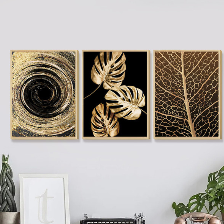Kit 3 Quadros Decoração Abstrato Sala de Jantar Moldura Caixa Luxo Folhas Douradas Moderno
