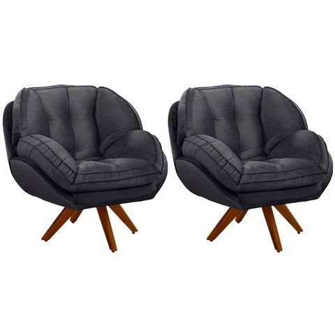 Kit 2 Poltronas para Sala e Escritório Base Giratória Vitória Veludo Cinza