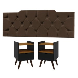 Kit Quarto King Cabeceira 1.95cm e 2 Mesas de Cabeceira Alice-jc Moveis:preto/marrom