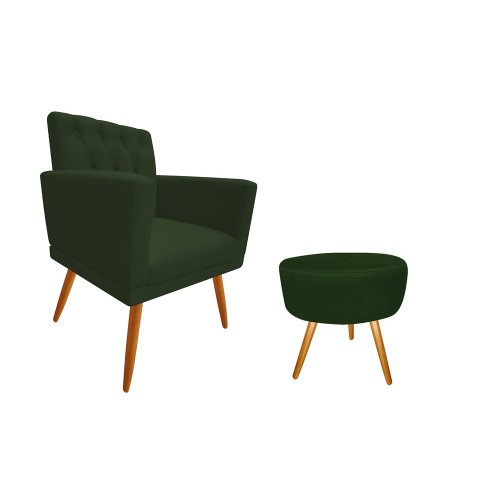 Kit Poltrona Decorativa Nina Capitonê + Puff Redondo Suede Verde Pés Madeira Mz Decor