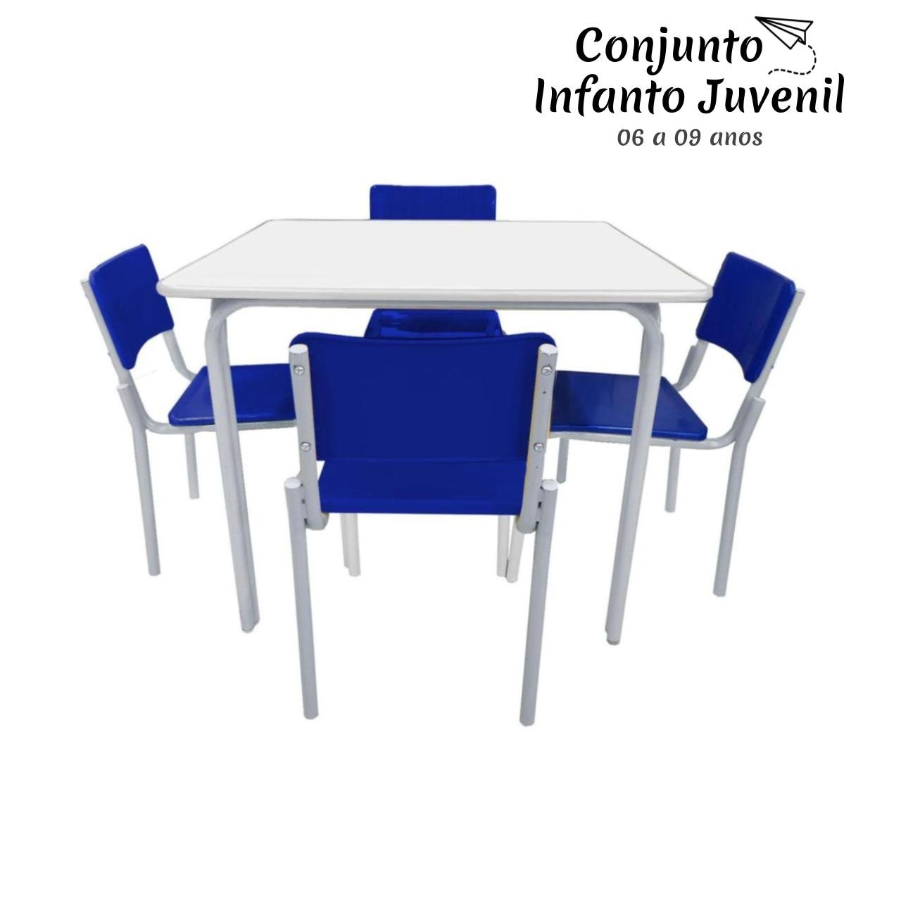 Conjunto Quadrado c/ 04 Cadeiras AZUL - MDF BRANCO - 06 a 09 Anos - MR PLAST - 41094 - 1