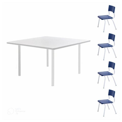 Conjunto Quadrado c/ 04 Cadeiras Azul - MDF Branco - 06 a 09 Anos - Mr Plast - 41094