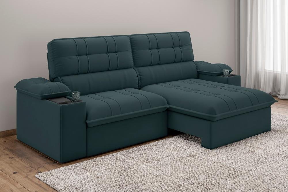Sofá Stylus 2,10m Retrátil/reclinável com Porta Copos e Cooler Suede Petróleo - Xflex Sofás