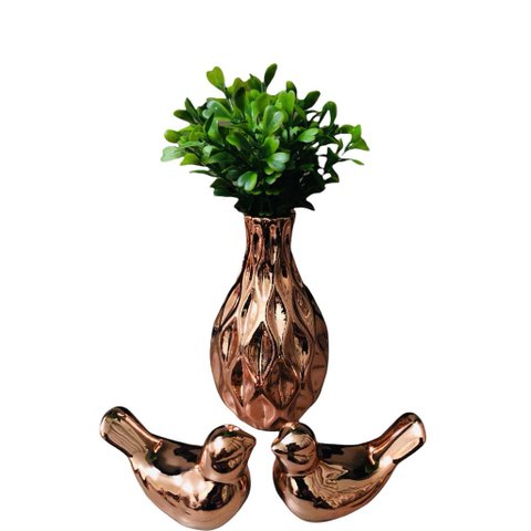 Kit Enfeite Para Rack Vasinho Passarinhos Planta Decoração Rose Gold