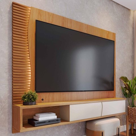 Painel para TV 65 pol Bancada Suspensa LED Patmos C04 Freijó Off White Matte - Lyam Decor