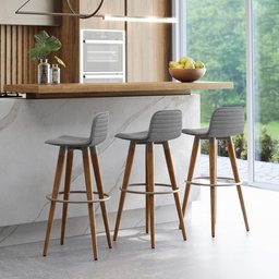 Kit 3 Banquetas Altas Luxo Versatil Aço Champanhe Linho Cinza Base Carvalho - 1