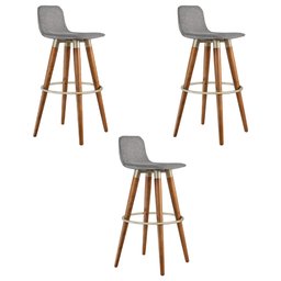 Kit 3 Banquetas Altas Luxo Versatil Aço Champanhe Linho Cinza Base Carvalho - 2