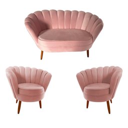 Conjunto Namoradeira Pétala de Flor + 2 Poltronas Pés Palito Veludo Rosê - 1