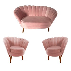 Conjunto Namoradeira Pétala de Flor + 2 Poltronas Pés Palito Veludo Rosê
